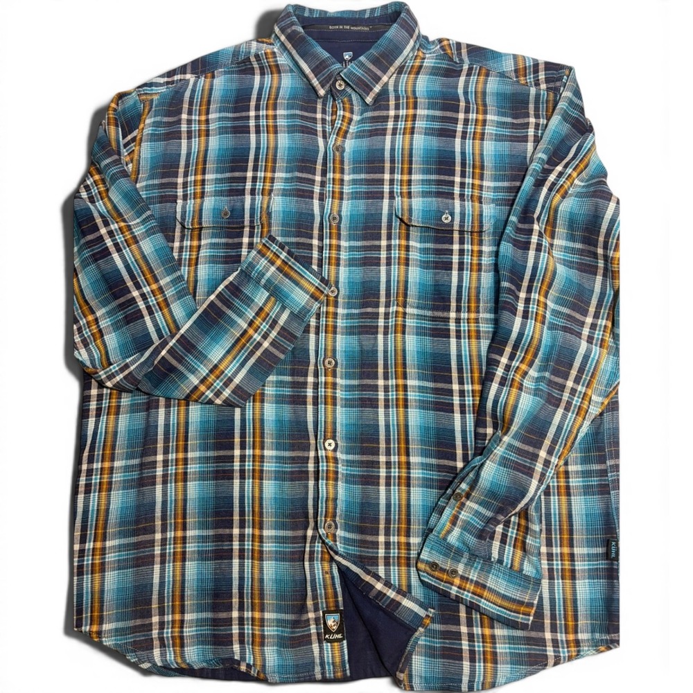 Kuhl Mens XXL Blue Orange Plaid Flannel Button Down Shirt Born In The Mountains